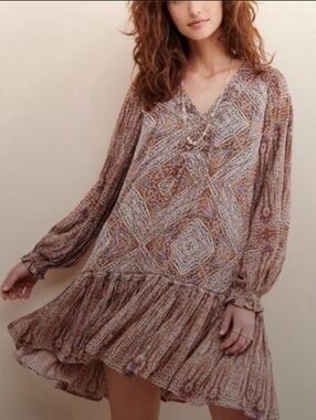 Anthropologie Brown Printed Long-Sleeve Tiered Mini Dress